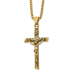 Chisel Stainless Steel Antiqued and Polished Yellow IP-plated INRI Crucifix Pendant on a 22 inch Box Chain NecklaceSRN3233-22
