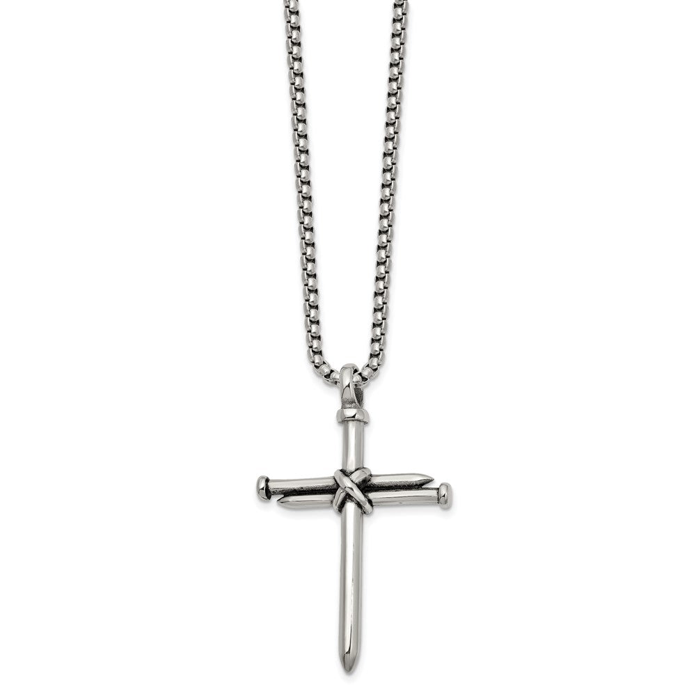 Chisel Stainless Steel Polished Antiqued and Polished Cross of Nails Pendant on a 22 inch Box Chain NecklaceSRN3235-22
