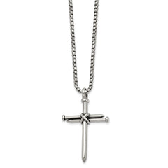 Chisel Stainless Steel Polished Antiqued and Polished Cross of Nails Pendant on a 22 inch Box Chain NecklaceSRN3235-22