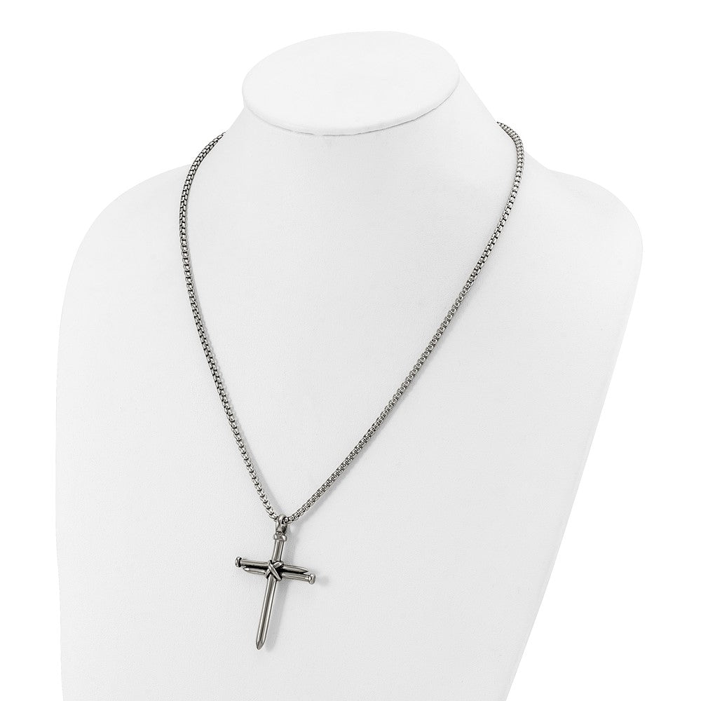 Chisel Stainless Steel Polished Antiqued and Polished Cross of Nails Pendant on a 22 inch Box Chain NecklaceSRN3235-22