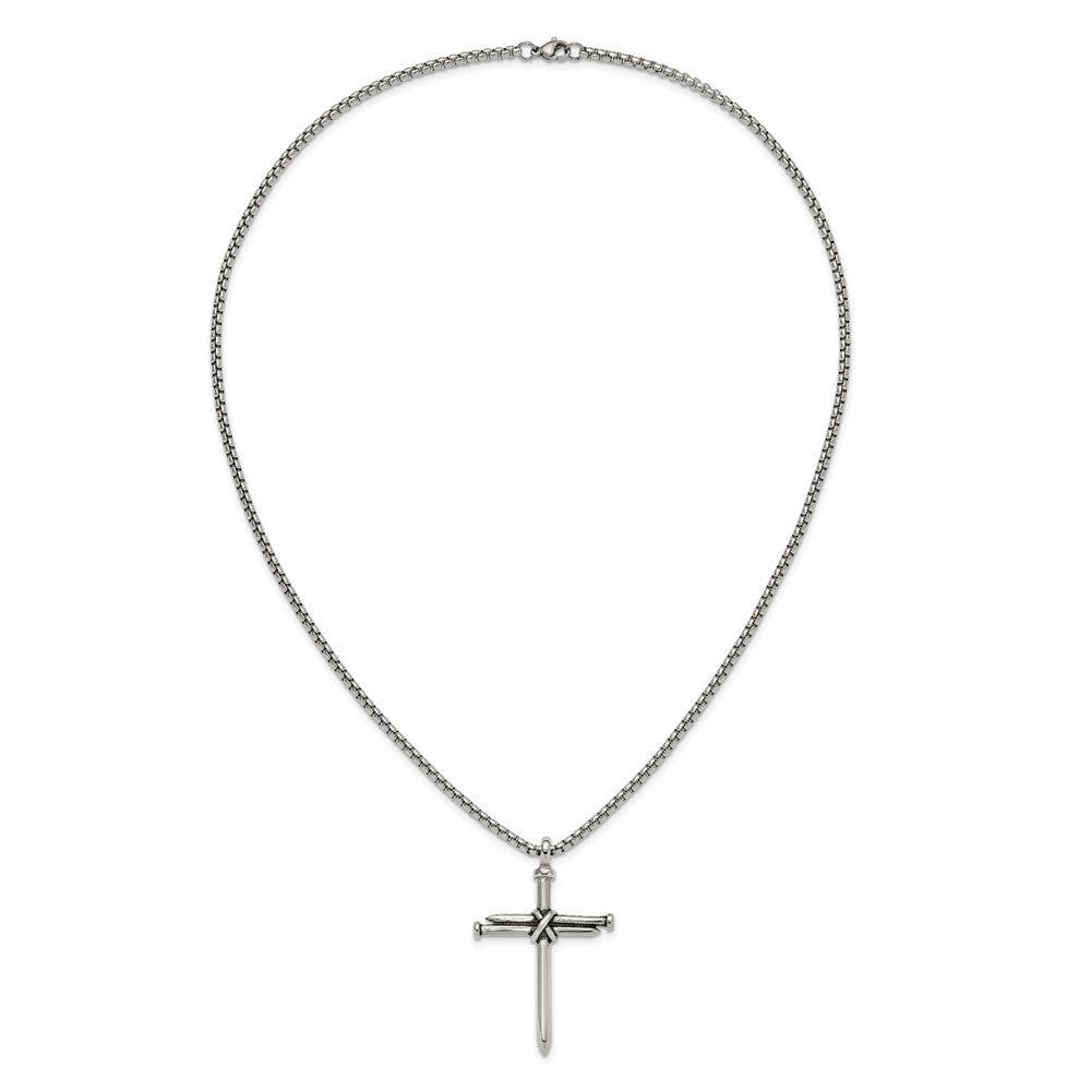 Chisel Stainless Steel Polished Antiqued and Polished Cross of Nails Pendant on a 22 inch Box Chain NecklaceSRN3235-22