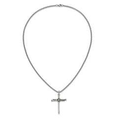 Chisel Stainless Steel Polished Antiqued and Polished Cross of Nails Pendant on a 22 inch Box Chain NecklaceSRN3235-22