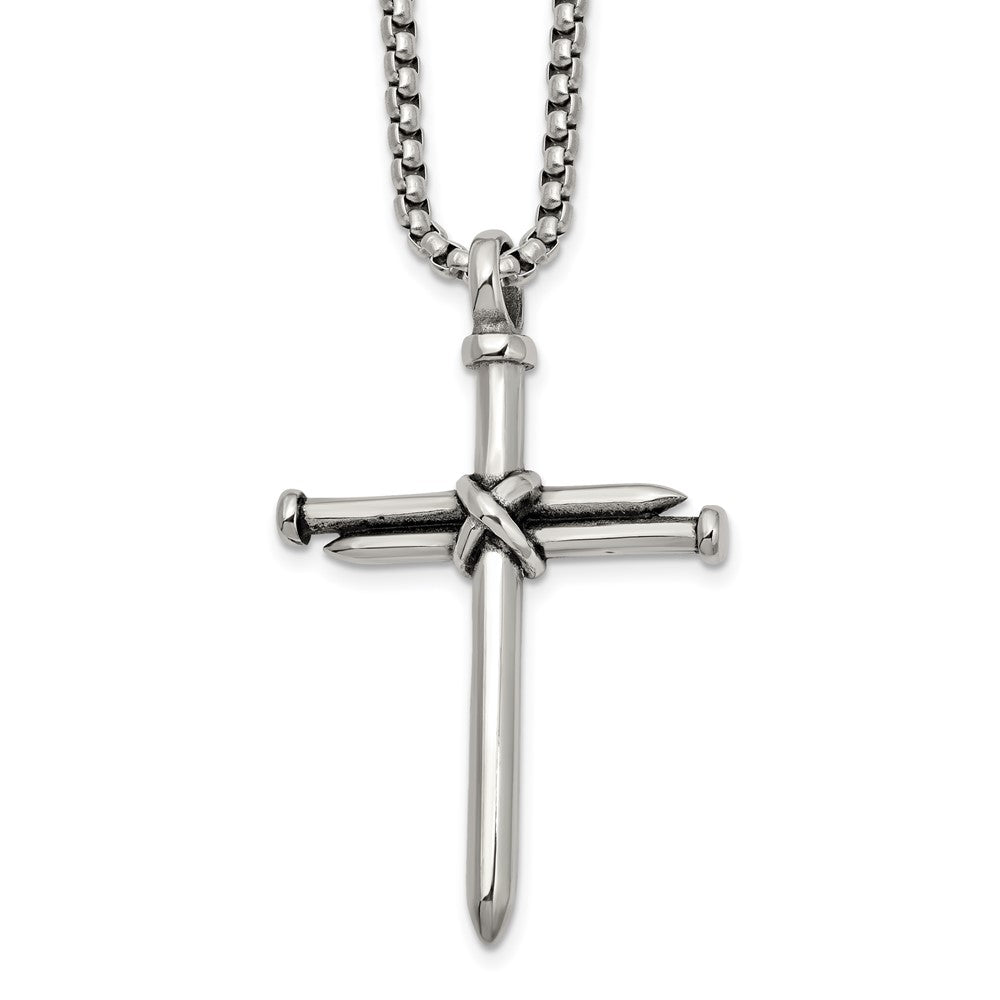 Chisel Stainless Steel Polished Antiqued and Polished Cross of Nails Pendant on a 22 inch Box Chain NecklaceSRN3235-22
