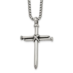 Chisel Stainless Steel Polished Antiqued and Polished Cross of Nails Pendant on a 22 inch Box Chain NecklaceSRN3235-22