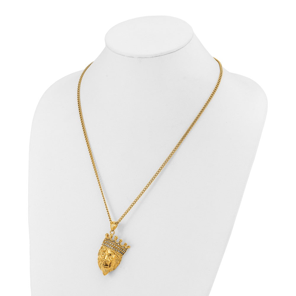 Chisel Stainless Steel Polished Yellow IP-plated with CZ Crown Lion Pendant on a 22 inch Plus a 1.75 inch Extension Curb Chain NecklaceSRN3236-22
