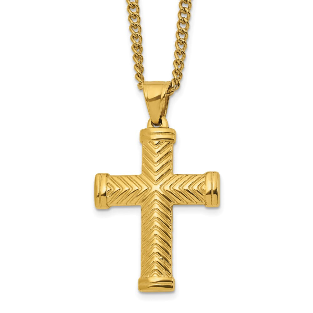 Chisel Stainless Steel Polished Yellow IP-plated Cross Pendant on a 22 inch Plus a 2 inch Curb Chain NecklaceSRN3237-22