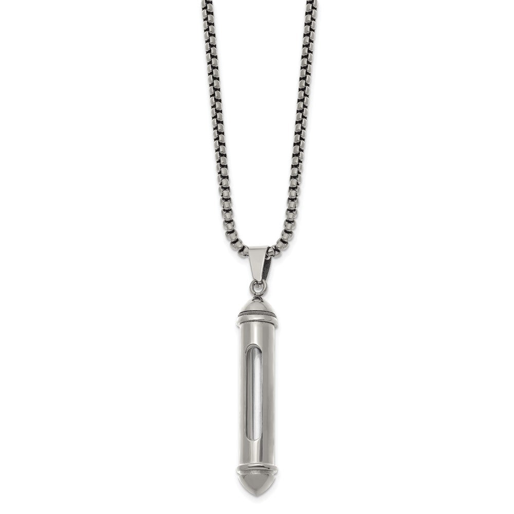 Chisel Stainless Steel Polished Bullet with Clear Vial Pendant on a 22 inch Box Chain NecklaceSRN3238-22