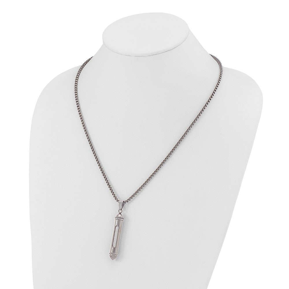 Chisel Stainless Steel Polished Bullet with Clear Vial Pendant on a 22 inch Box Chain NecklaceSRN3238-22