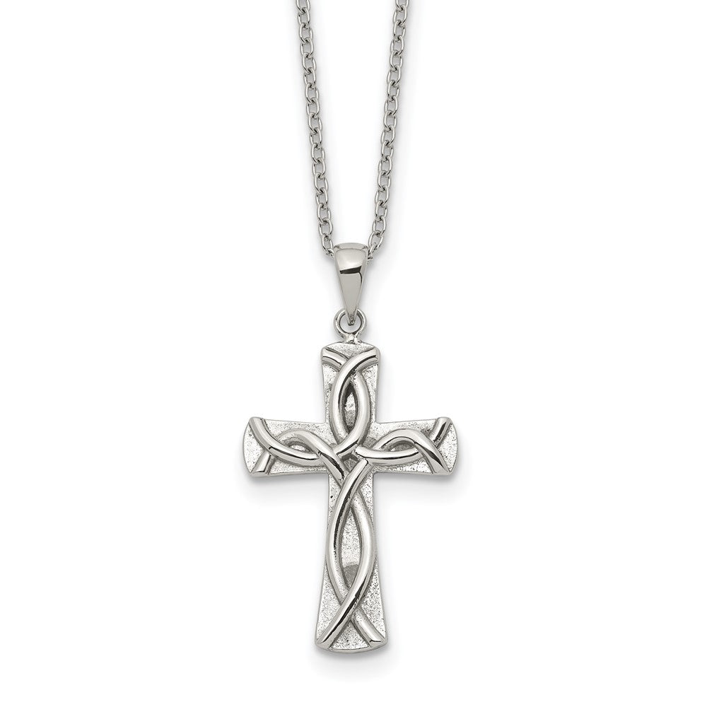 Chisel Stainless Steel Polished Cross with Ichthus Pattern Pendant on an 18 inch Plus a 2 inch Extension Cable Chain NecklaceSRN3251-18