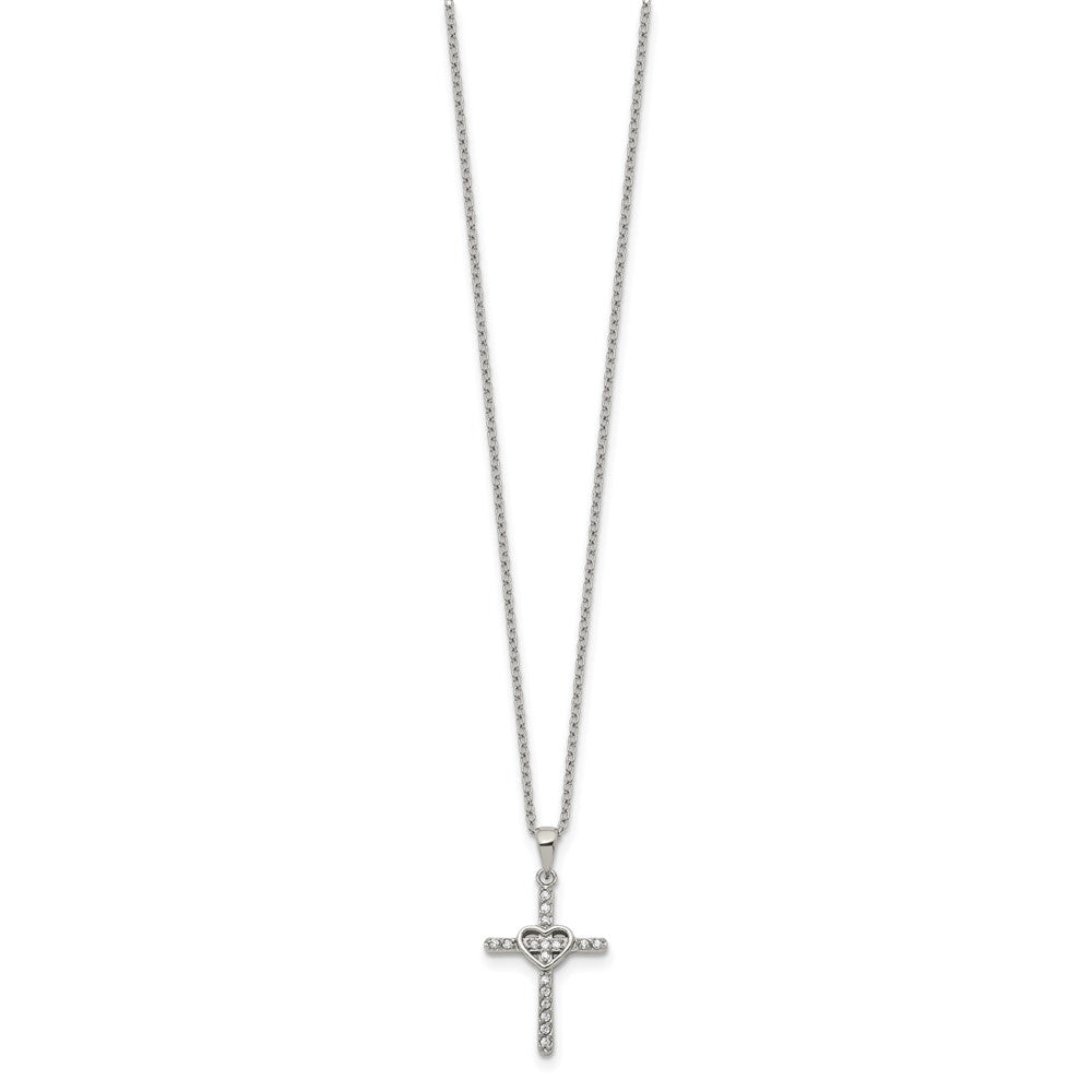 Chisel Stainless Steel Polished with CZ Cross with Heart Pendant on an 18 inch Plus 2 inch Extension Cable Chain NecklaceSRN3254-18