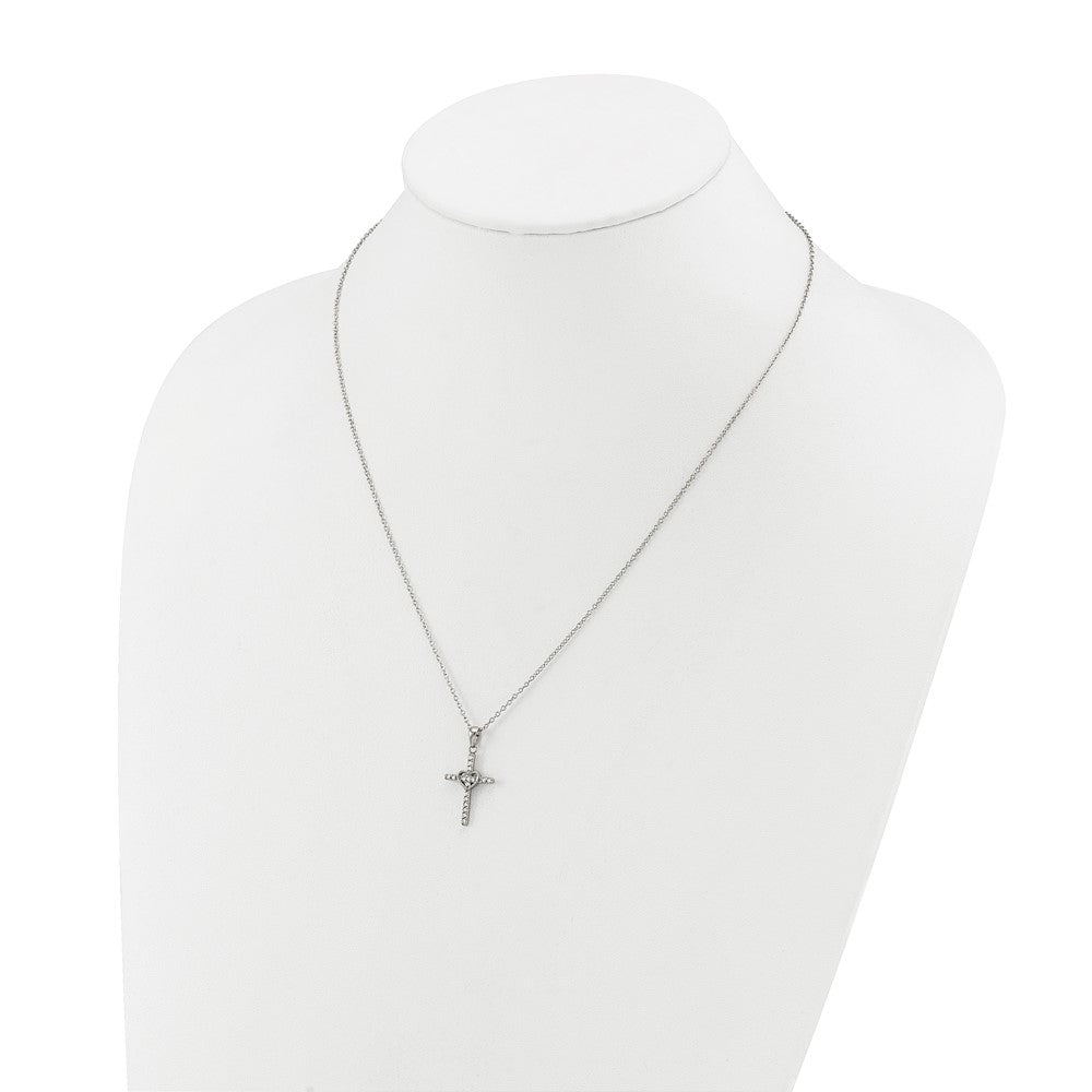 Chisel Stainless Steel Polished with CZ Cross with Heart Pendant on an 18 inch Plus 2 inch Extension Cable Chain NecklaceSRN3254-18