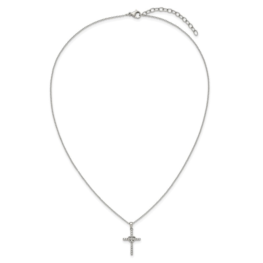 Chisel Stainless Steel Polished with CZ Cross with Heart Pendant on an 18 inch Plus 2 inch Extension Cable Chain NecklaceSRN3254-18