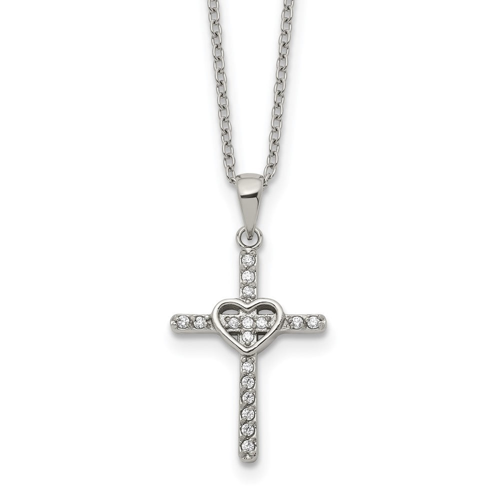 Chisel Stainless Steel Polished with CZ Cross with Heart Pendant on an 18 inch Plus 2 inch Extension Cable Chain NecklaceSRN3254-18