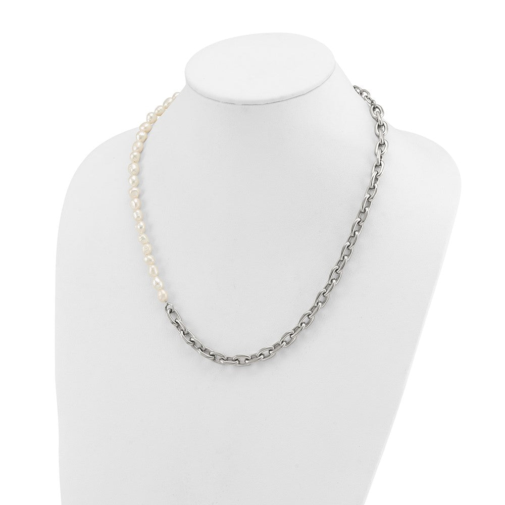 Chisel Stainless Steel Polished Open Link Half Baroque Pearl Beaded 20 inch Plus a 2 inch Extension NecklaceSRN3280-20
