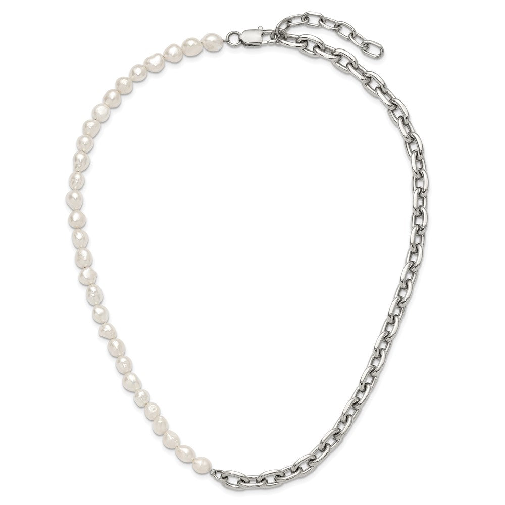 Chisel Stainless Steel Polished Open Link Half Baroque Pearl Beaded 20 inch Plus a 2 inch Extension NecklaceSRN3280-20