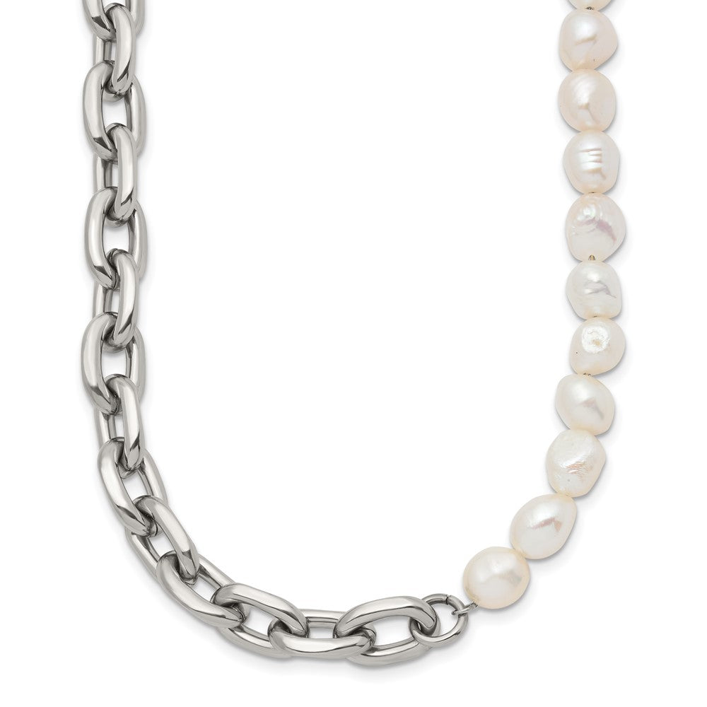 Chisel Stainless Steel Polished Open Link Half Baroque Pearl Beaded 20 inch Plus a 2 inch Extension NecklaceSRN3280-20