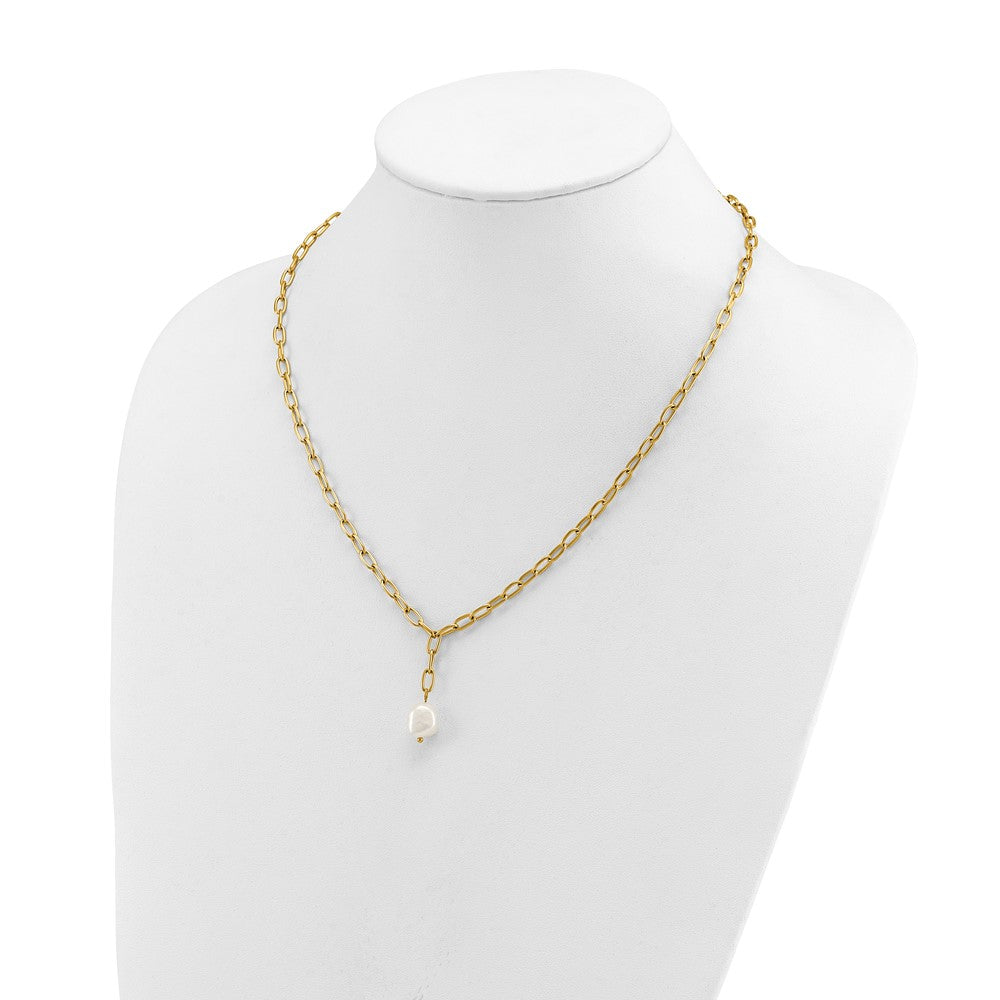 Chisel Stainless Steel Polished Yellow IP-plated Freshwater Cultured Pearl Dangle on an 18 inch Plus 2 inch Extension Open Link Chain NecklaceSRN3282-18