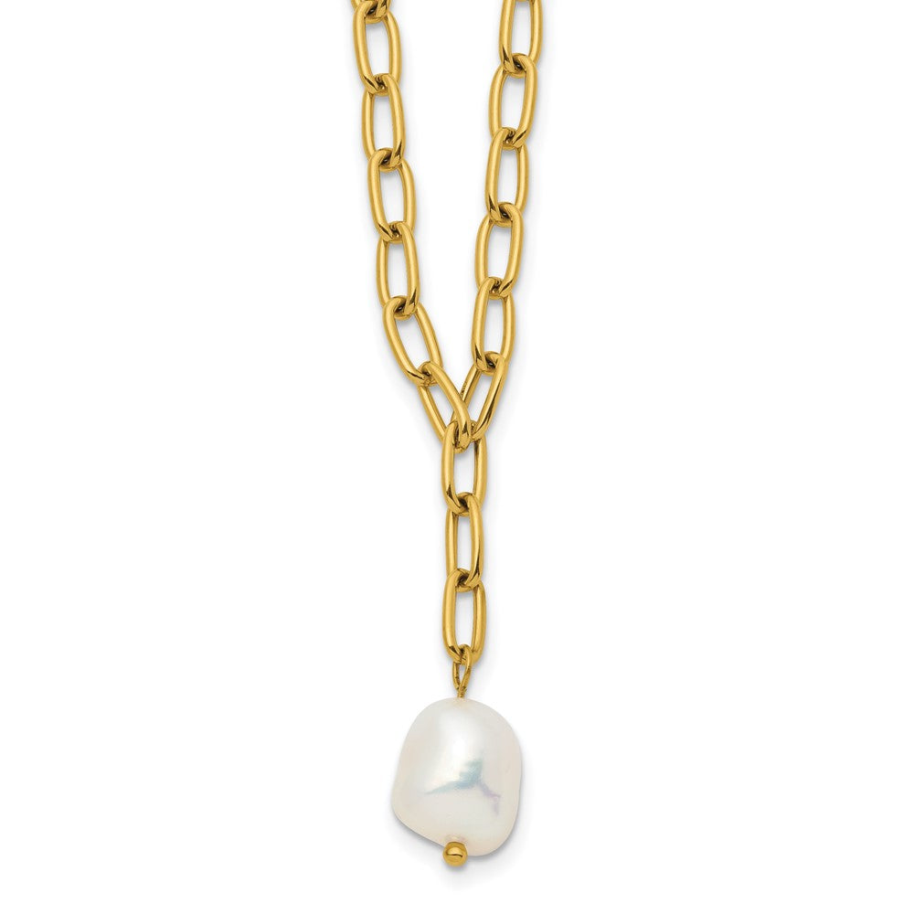 Chisel Stainless Steel Polished Yellow IP-plated Freshwater Cultured Pearl Dangle on an 18 inch Plus 2 inch Extension Open Link Chain NecklaceSRN3282-18