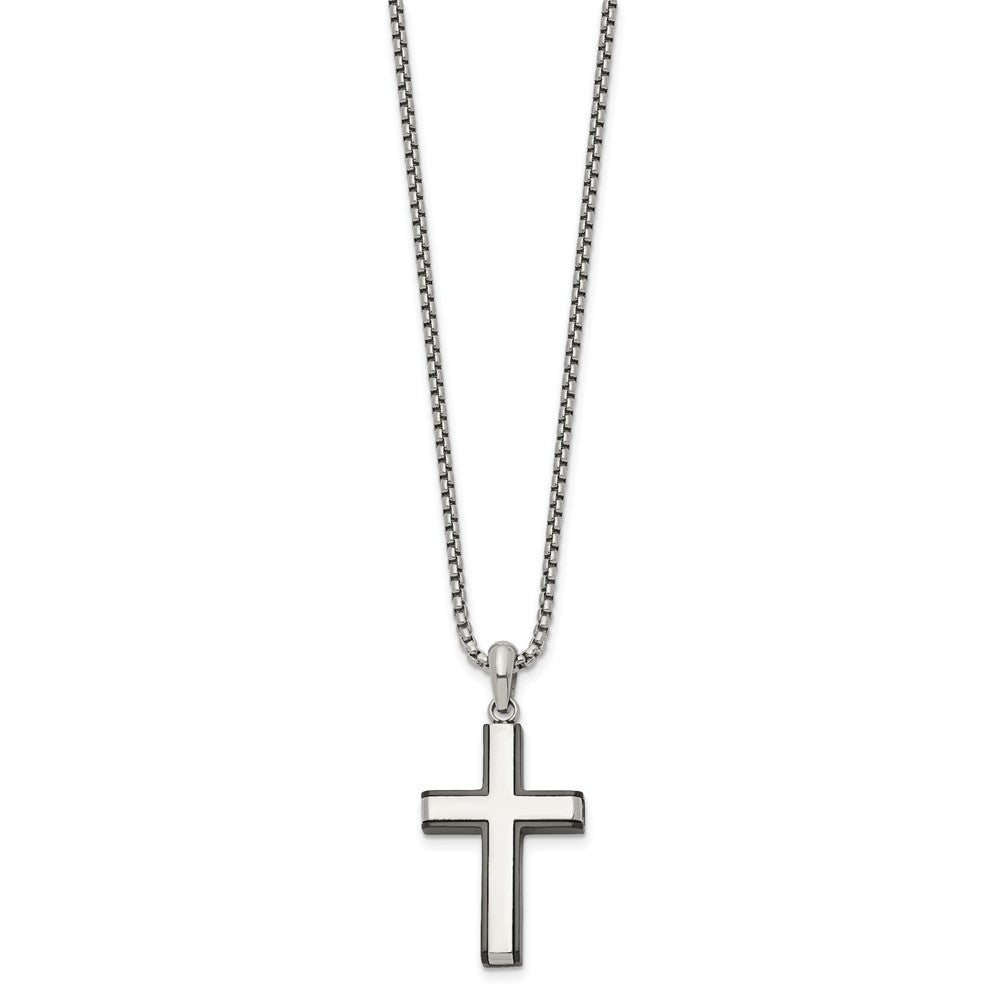 Chisel Stainless Steel Polished Black IP-plated Edges Cross Pendant on a 20 inch Box Chain NecklaceSRN3298-20