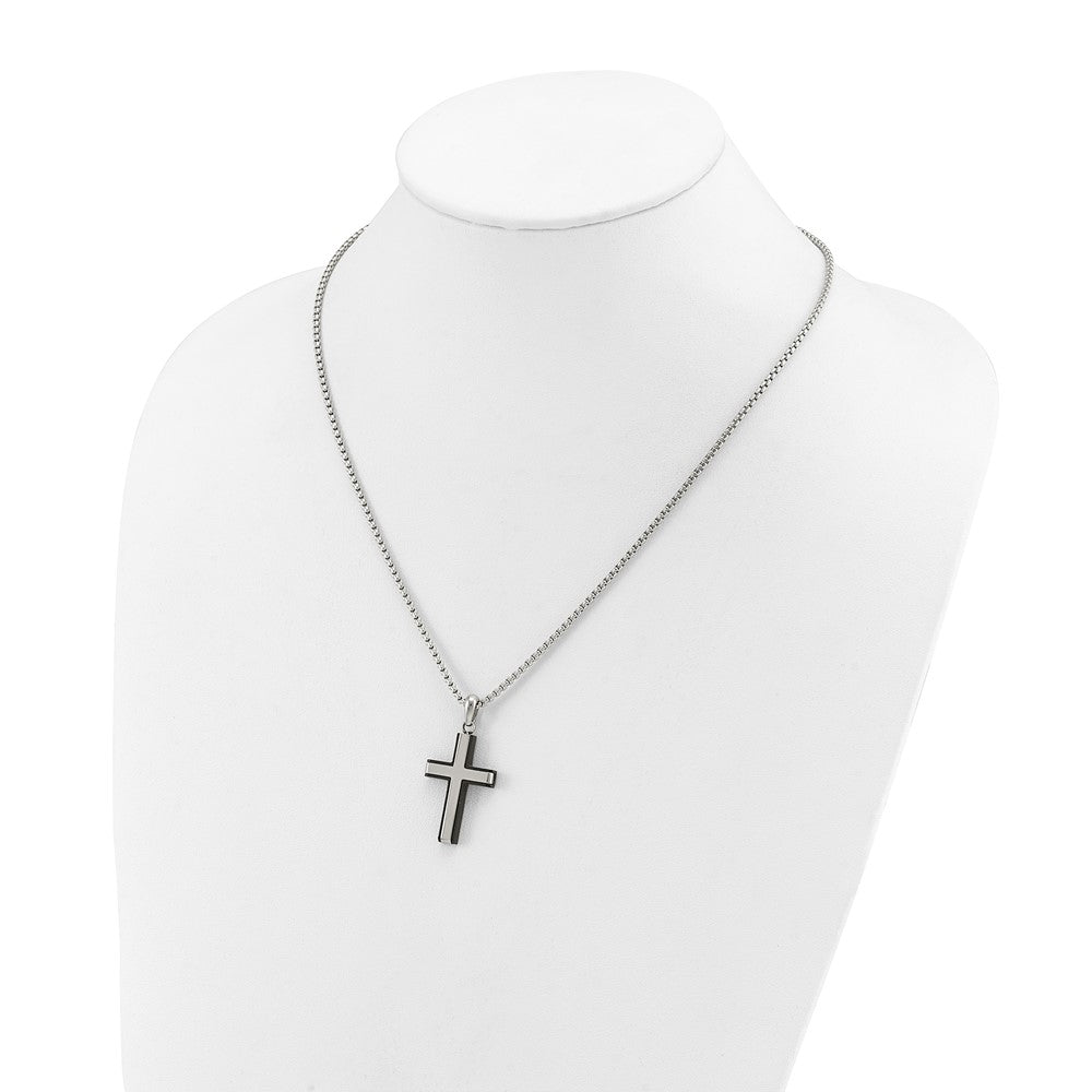 Chisel Stainless Steel Polished Black IP-plated Edges Cross Pendant on a 20 inch Box Chain NecklaceSRN3298-20