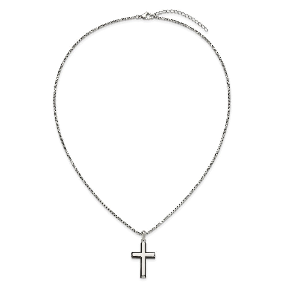 Chisel Stainless Steel Polished Black IP-plated Edges Cross Pendant on a 20 inch Box Chain NecklaceSRN3298-20