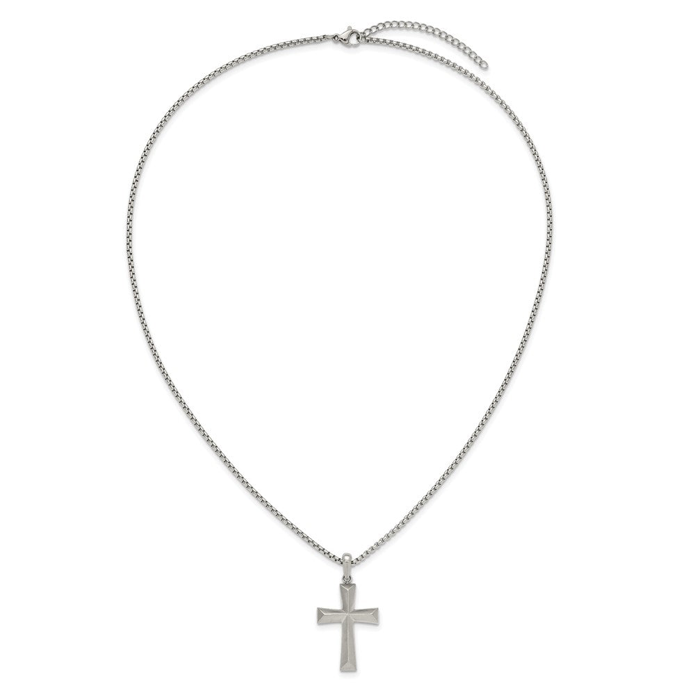 Chisel Stainless Steel Brushed Cross Pendant on a 20 inch Box Chain NecklaceSRN3301-20