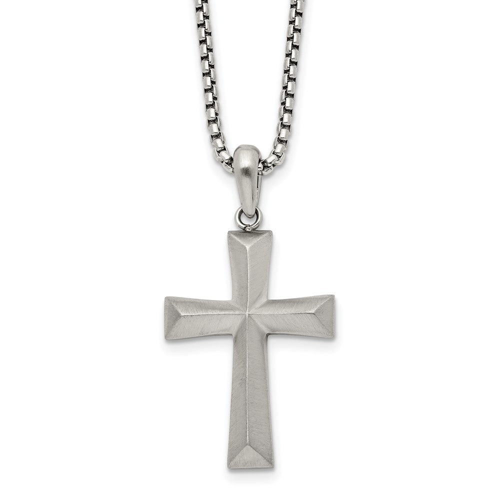 Chisel Stainless Steel Brushed Cross Pendant on a 20 inch Box Chain NecklaceSRN3301-20