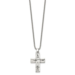 Chisel Stainless Steel Antiqued and Polished Cracked Cross Pendant on a 20 inch Box Chain NecklaceSRN3313-20