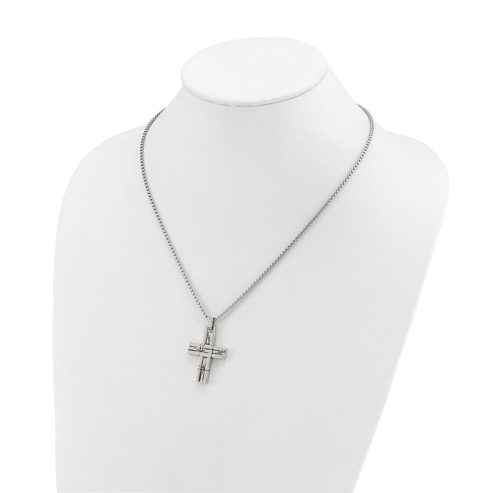 Chisel Stainless Steel Antiqued and Polished Cracked Cross Pendant on a 20 inch Box Chain NecklaceSRN3313-20
