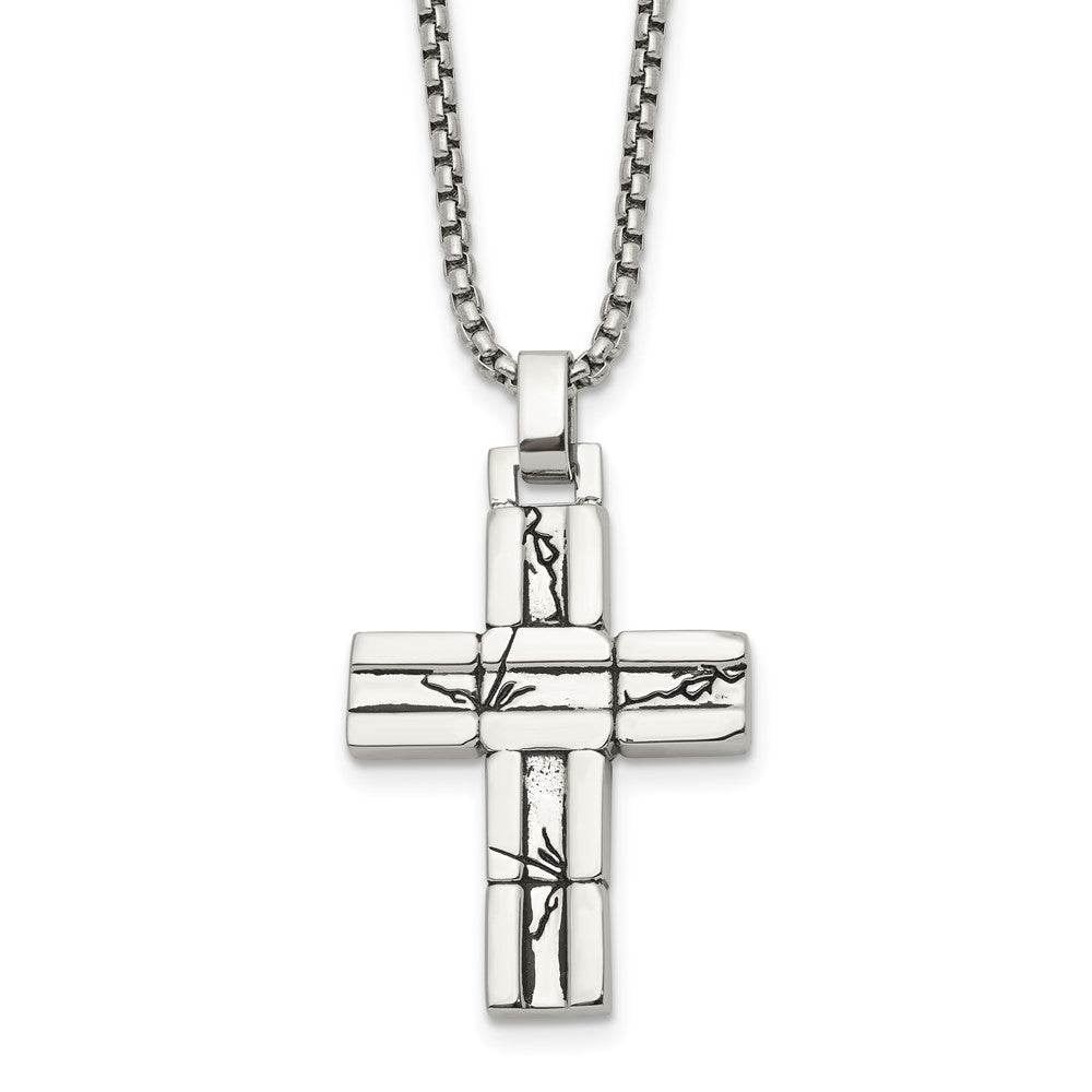 Chisel Stainless Steel Antiqued and Polished Cracked Cross Pendant on a 20 inch Box Chain NecklaceSRN3313-20