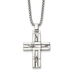 Chisel Stainless Steel Antiqued and Polished Cracked Cross Pendant on a 20 inch Box Chain NecklaceSRN3313-20