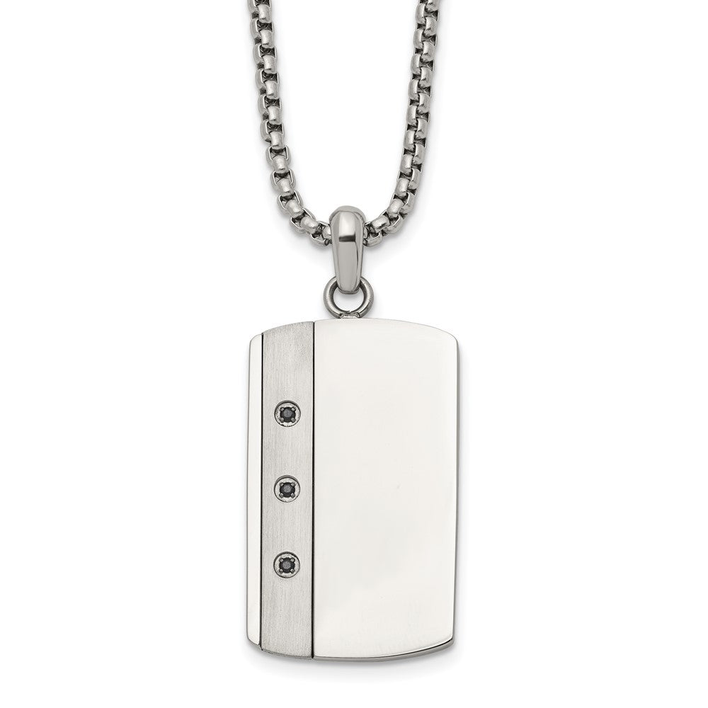 Chisel Stainless Steel Brushed and Polished Black CZ Dog Tag on a 20 inch Box Chain NecklaceSRN3319-20