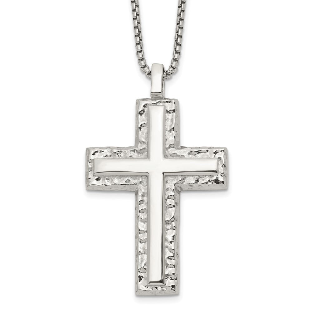 Chisel Stainless Steel Polished and Textured Cross Pendant on a 24 inch Box Chain NecklaceSRN3351-24