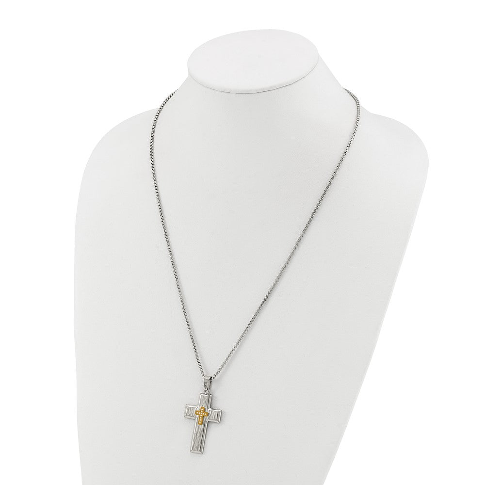 Chisel Stainless Steel Brushed Polished and Hammered Yellow IP-plated with CZ Cross Pendant on a 24 inch Box Chain NecklaceSRN3355-24