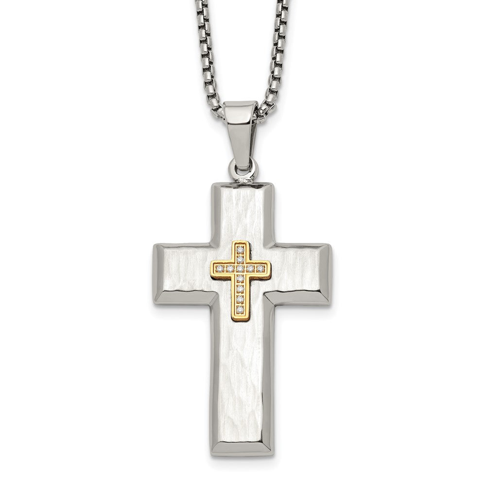 Chisel Stainless Steel Brushed Polished and Hammered Yellow IP-plated with CZ Cross Pendant on a 24 inch Box Chain NecklaceSRN3355-24