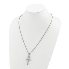 Chisel Stainless Steel Polished and Textured Ankh Cross Pendant on a 24 inch Box Chain NecklaceSRN3357-24