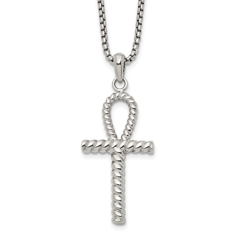 Chisel Stainless Steel Polished and Textured Ankh Cross Pendant on a 24 inch Box Chain NecklaceSRN3357-24