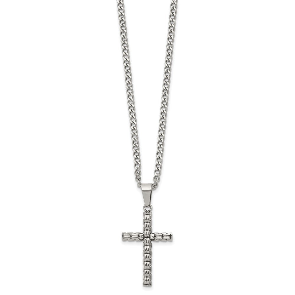 Chisel Stainless Steel Polished Woven Cross Pendant on a 22 inch Curb Chain NecklaceSRN3366-22