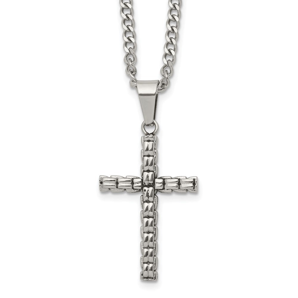 Chisel Stainless Steel Polished Woven Cross Pendant on a 22 inch Curb Chain NecklaceSRN3366-22