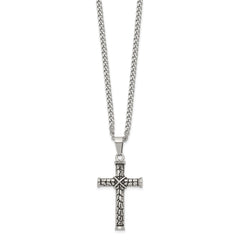 Chisel Stainless Steel Antiqued and Polished Cross Pendant on a 22 inch Curb Chain NecklaceSRN3367-22