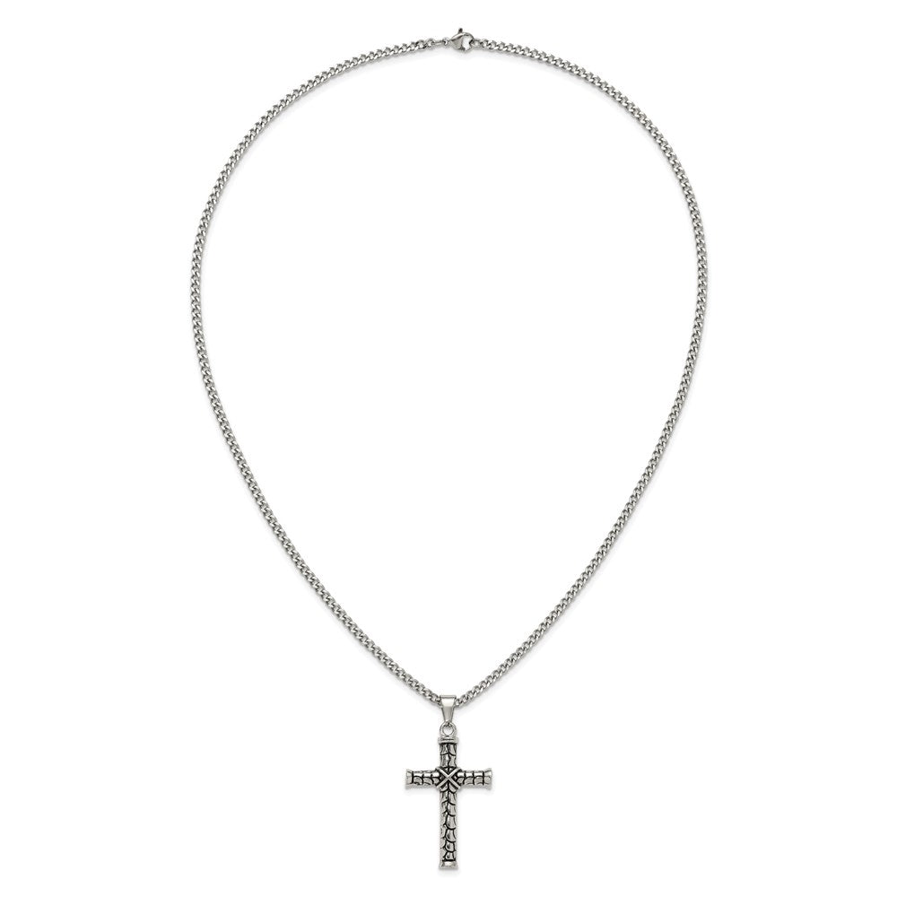 Chisel Stainless Steel Antiqued and Polished Cross Pendant on a 22 inch Curb Chain NecklaceSRN3367-22