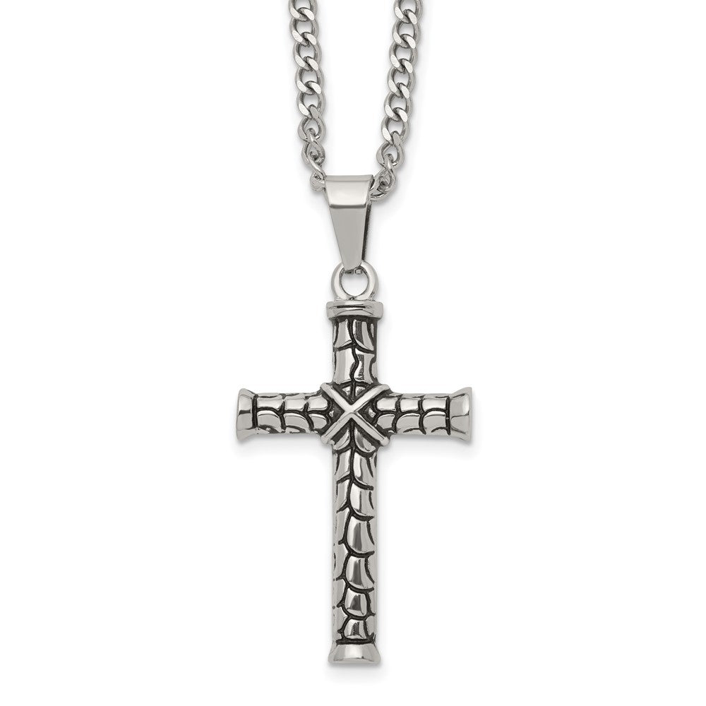 Chisel Stainless Steel Antiqued and Polished Cross Pendant on a 22 inch Curb Chain NecklaceSRN3367-22