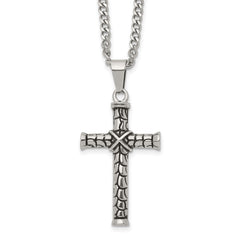 Chisel Stainless Steel Antiqued and Polished Cross Pendant on a 22 inch Curb Chain NecklaceSRN3367-22