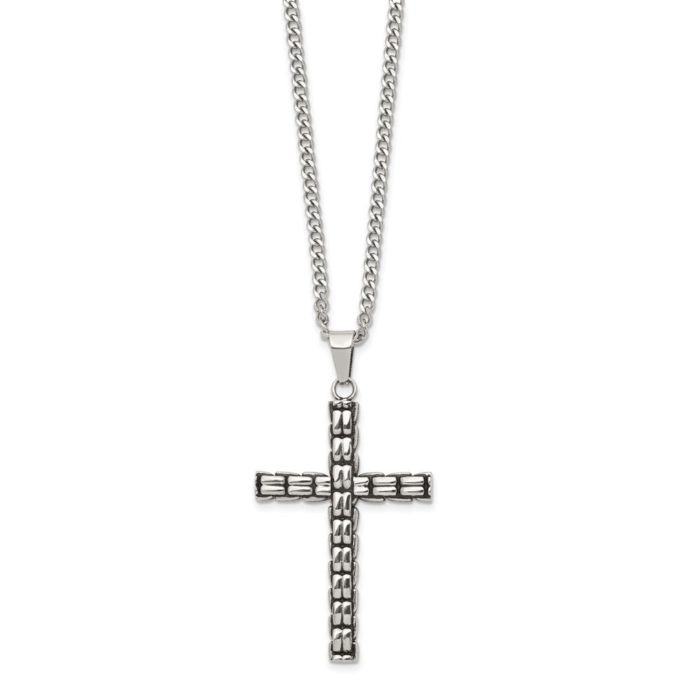 Chisel Stainless Steel Polished and Antiqued Woven Cross Pendant on a 22 inch Curb Chain NecklaceSRN3368-22