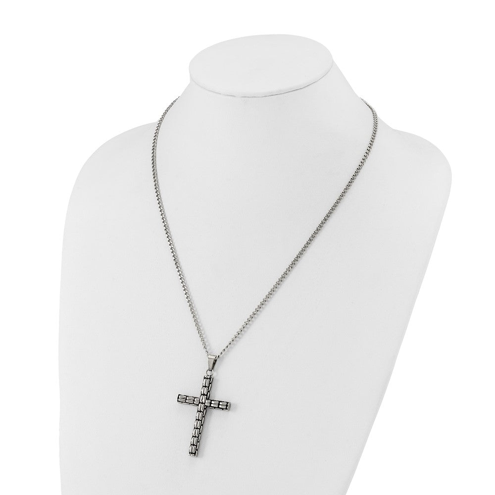 Chisel Stainless Steel Polished and Antiqued Woven Cross Pendant on a 22 inch Curb Chain NecklaceSRN3368-22