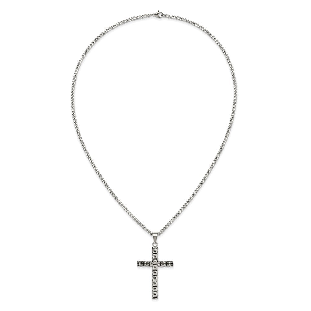 Chisel Stainless Steel Polished and Antiqued Woven Cross Pendant on a 22 inch Curb Chain NecklaceSRN3368-22