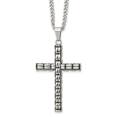 Chisel Stainless Steel Polished and Antiqued Woven Cross Pendant on a 22 inch Curb Chain NecklaceSRN3368-22