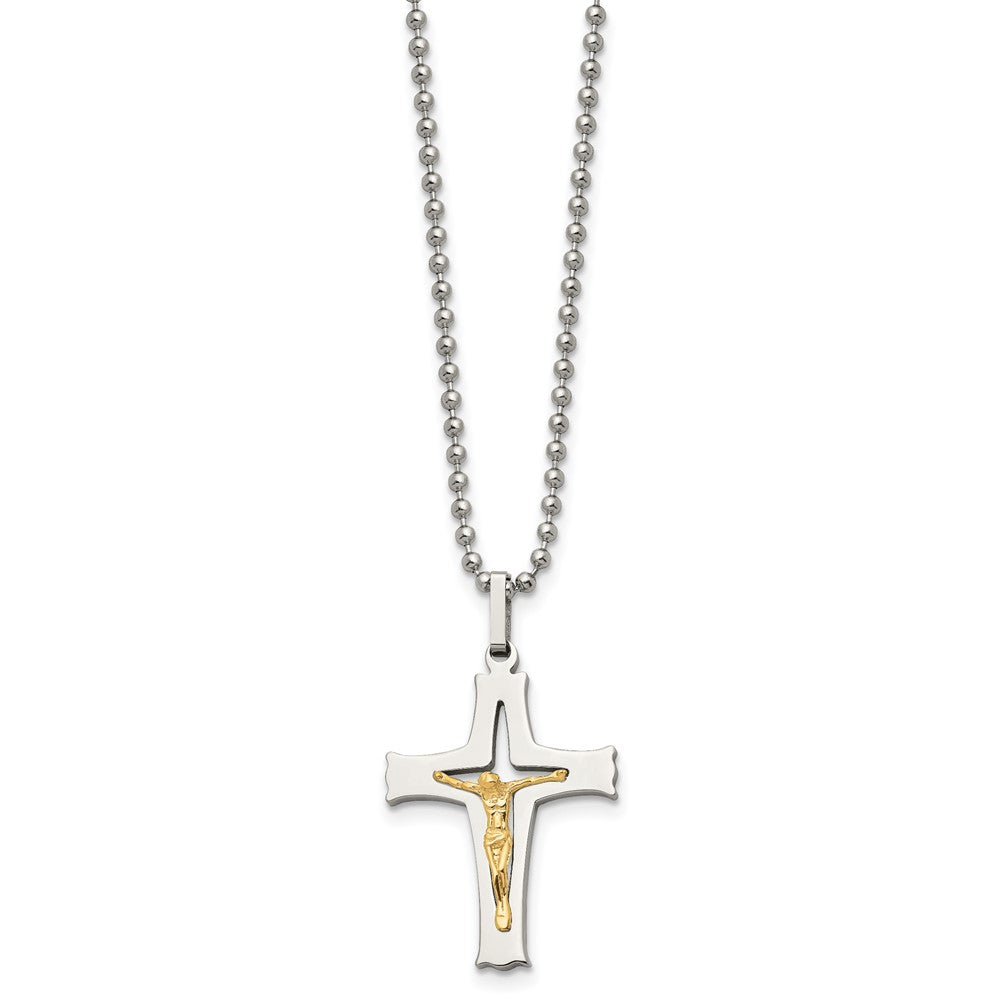 Chisel Stainless Steel Polished with 14k Gold Accent Crucifix Pendant on a 22 inch Ball Chain Necklace SRN486-22