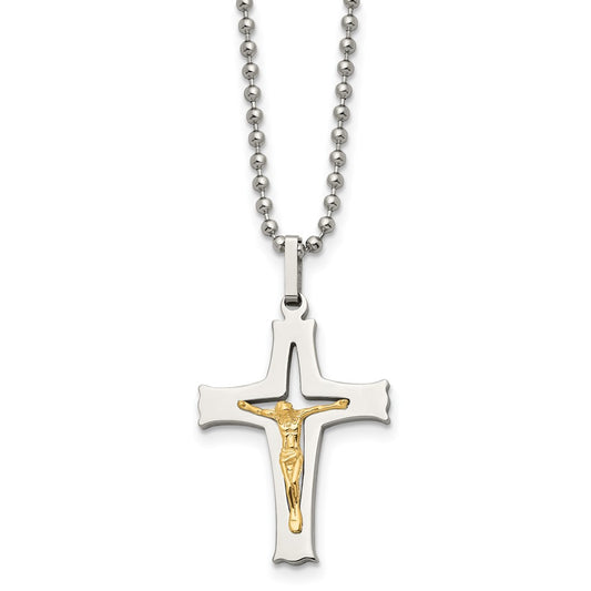 Chisel Stainless Steel Polished with 14k Gold Accent Crucifix Pendant on a 22 inch Ball Chain Necklace SRN486-22