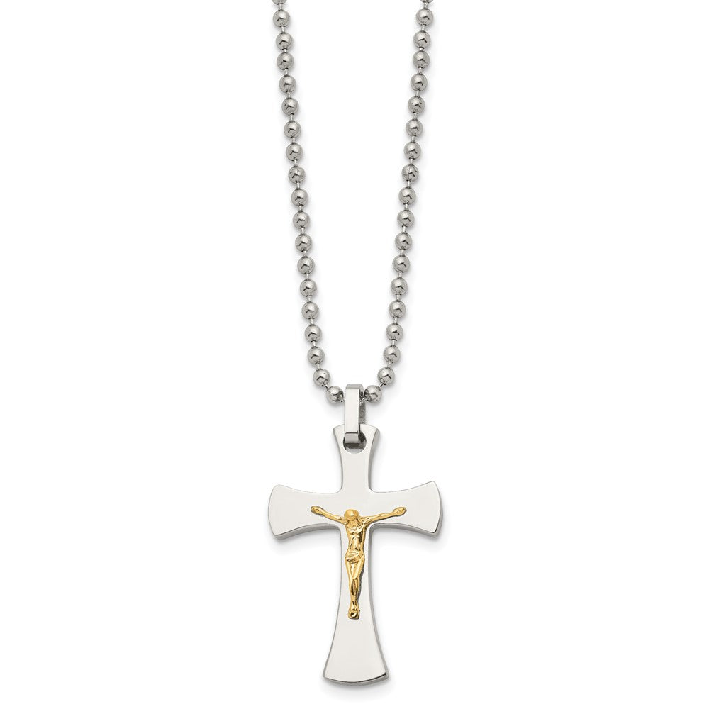 Chisel Stainless Steel Polished with 14k Gold Accent Crucifix Pendant on a 22 inch Ball Chain Necklace SRN487-22